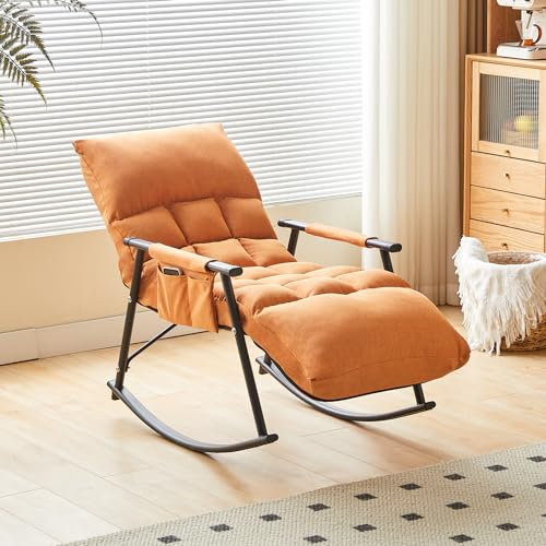 KAIHAOWIN Schaukelstuhl, Schaukelsessel mit 5-Fach Verstellbarer Rückenlehne und Fußstütze, Schwingsessel mit Seitentasche für Wohnzimmer, Schlafzimmer, Schwarz-Orange