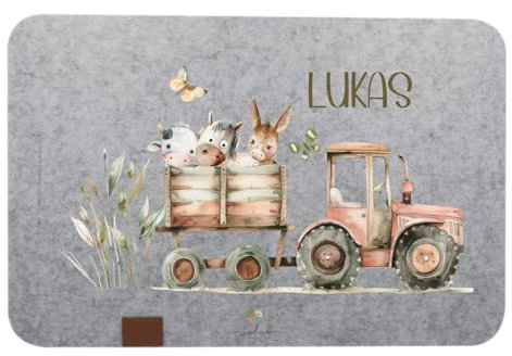 wolga-kreativ personalisiertes Tischset Filz Platzdeckchen Platzset für Kinder und Kleinkinder Bauernhof Tiere Traktor mit Namen Bedruckt Geschenk Taufe Geburt Einschulung