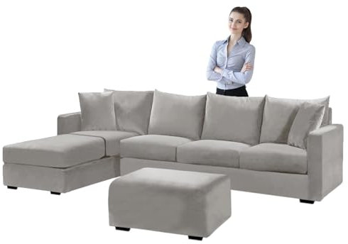 SYLC Samt Couch überzug L Form Sofabezug Ecksofa, Sofa Cover L Shape Stretch Mit Sitzkissen Rückenlehne, Universal Sofaüberwurf Waschbar (Light Grey,Sofabezug 230-300cm)