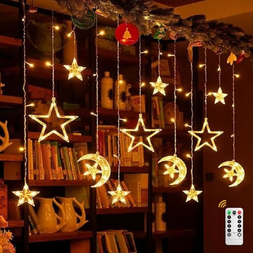 Huayz LED Star Moon Curtain Lights Ramadan Decorations, 3.5m Battery Powered Window Star Moon String Fairy Lights Ramadan Decorations Home Bedroom Indoor Outdoor Wedding (Warm White)