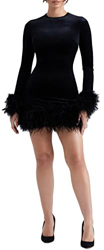 Women's Long Sleeve Bodycon Mini Dresses Elegant Feather Trim Tight Fluffy Dress Night Out Party Cocktail Evening Dress (A-Black, L)
