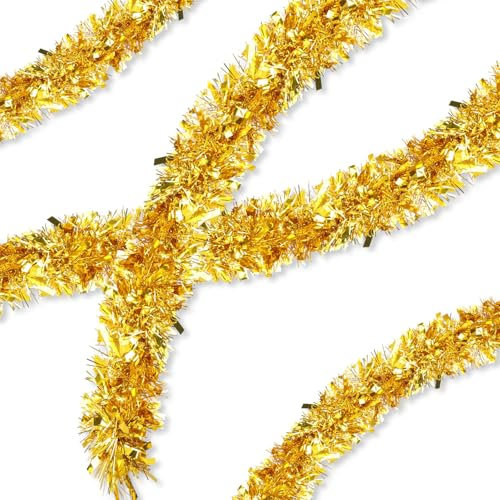 TOPWAYS Weihnachtsgirlanden Gold, 5M/16.5 Zoll Lametta Weihnachtsbaum, Lametta Girlande Weihnachten, Weihnachtsdeko Lametta für Weihnachtsbaum Weihnachtsfeier Türen Fenster und Treppen
