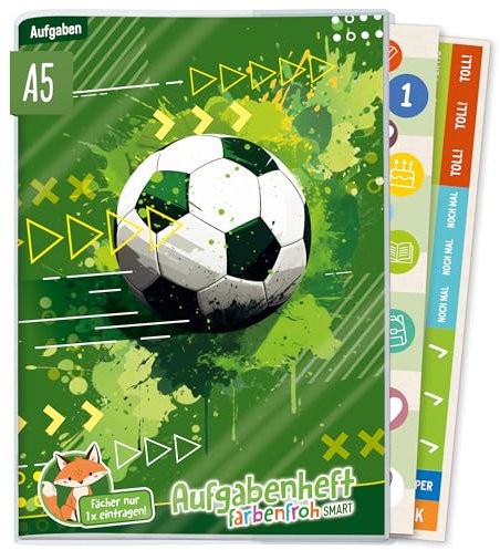 Häfft® Lernfreunde Farbenfroh Smart Fußball Hausaufgabenheft Grundschule A5 ohne Datum mit Umschlag + Stickern - der Clou: immer sichtbarer Stundenplan - nachhaltig & klimafreundlich
