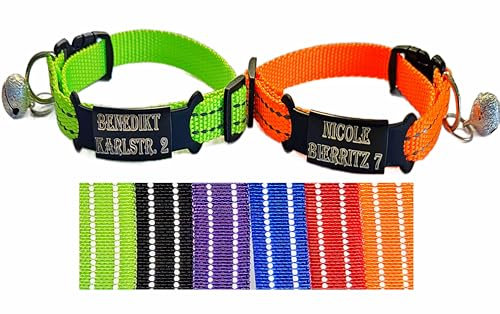 2X personalisiertes Katzenhalsband personalisiert mit Name graviert Katze Halsband reflektierend Leuchtend aus Nylon mit Glöckchen (Orange undNeon Gelb)
