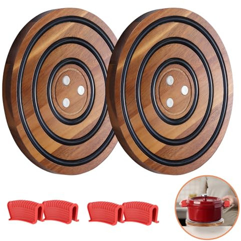 2 Pcs Magnetic Wooden Trivets, Acacia Wood with Black Silicone Rings, Magnetic Pot Holder for Le Creuset Enameled Cast Iron Dutch Oven & Cast Iron Skillets, Wood Trivet