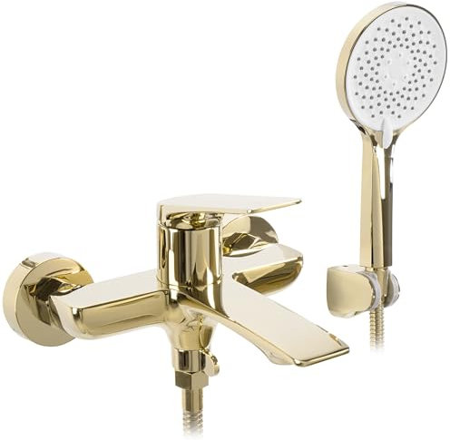 Rea Rubinetto Vasca da Bagno AVALON Gold Miscelatore Vasca con Doccetta in Ottone per Bagno Caldo e Freddo regolabile (Oro)