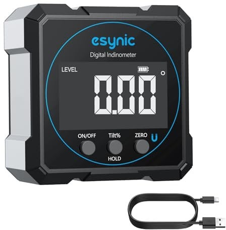eSynic Digitaler Neigungsmesser mit 4-seitigen Magneten Wasserwaage mit LCD Display wiederaufladbar, Aluminiumgehäuse IP54 wasserdicht, für Tischkreissägen, Holzarbeiten und Bauprojekte