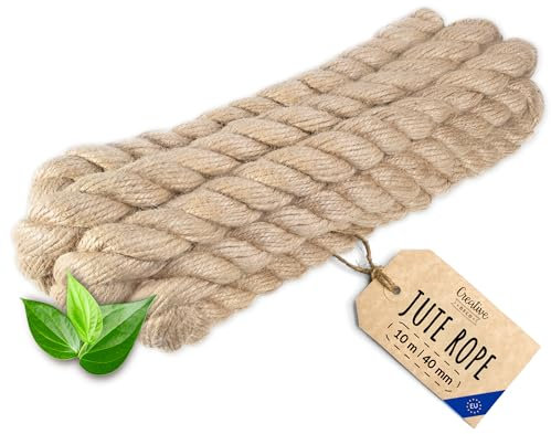 Creative Deco Thick Heavy Duty Jute Rope Natural Brown | 10mx40mm | Twisted Hemp Rope | Personalisation Every 5m | Twine Decking Rope Cord Cat Arts Crafts Garden Hammock Swing | Strong Durable String