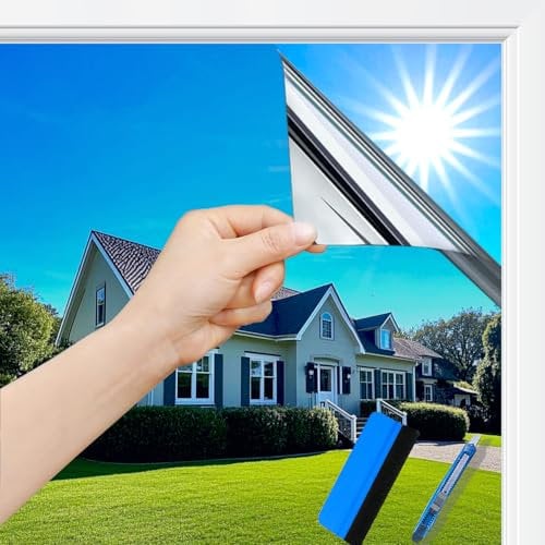 Guuteee(90X200cm Silber) Spiegelfolie Fenster Hitzeschutz | UV Folie Selbstklebend | Fensterfolie Sonnenschutz Hitzeschutz innen oder außen|Rückstandslose Thermofolie Fenster Gegen Hitze|Spiegelfolie
