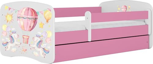 WFL GROUP Kinderbett Rosa 70x140 80x160 80x180 cm – mit Matratze, Rausfallschutz und Schublade – Jugendbett für Mädchen – Stabil und Sicher – Einhorn und Ballon – 160x80 cm
