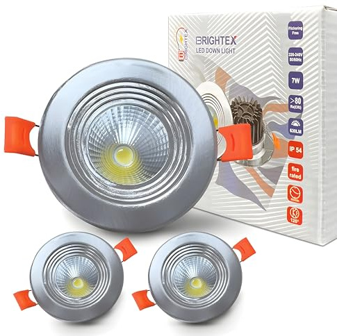 Brightex, 7W Ultra Slim LED Recessed Ceiling Downlights IP54 Waterproof with Driver – Round Shinny Chrome COB Downlight Cool White 6500K for Bathroom, Toilet, Bedroom & Living Room Pack of 3