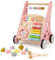 COSTWAY 7 en 1 Chariot de Marche en Bois avec Boîte de Rangement, Marcheur D'Apprentissage Bébé avec 8 Blocs et 1 Maillet, Coins Arrondis, Trotteur pour Bébé de 1 An+ (Rose)