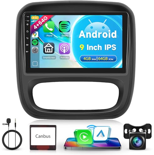 4G+64G Android Autoradio pour Renault Trafic 3 Opel Vivaro B FIAT Talento Nissan NV300 9 Pouces Autoradio Sans Fil Carplay Android Auto GPS Navi WiFi Mirror Link Bluetooth FM/RDS/32 EQ Caméra de Recul