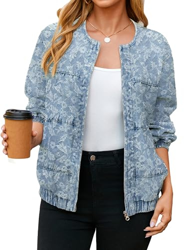 Glamaker Jeans-Bomberjacke für Damen, trendig, lässig, Reißverschluss, Rundhalsausschnitt, lange Ärmel, lockere Passform, Jeansjacke, Herbst-Outfits