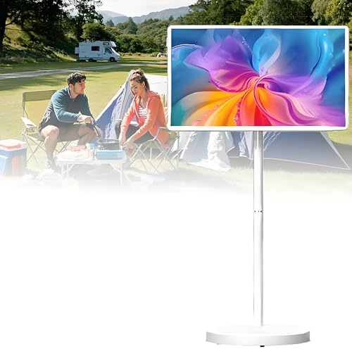 XDLYWUZIQ Portable TV Tablet, 24 Inch Mobile Portable TV Stand on Wheels, Full Swivel Rotation Portable Touch Screen Monitor 15000mAh Built-in Battery Smart Rolling Tablet TV 24inch-8+128G