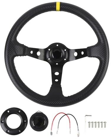Volante da da 14 pollici, volante sportivo universale a profilo profondo con pulsante per clacson, telaio in alluminio con aspetto in fibra di carbonio rivestito in pelle PU (Gialla)