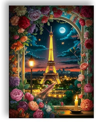 Ginfonr 5D Diamond Art Kits for Adults, Eiffel Tower Diamond Art Painting, Romantic Paris Night View, Moonlight and Candlelight Cityscape Rhinestone Craft for Home Wall Decor 12x16 inch