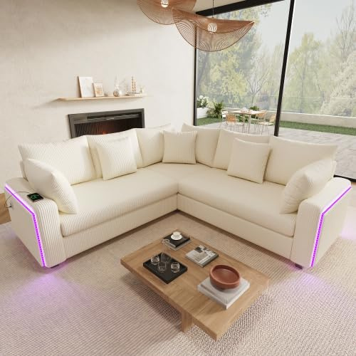 staronce Ecksofa L-formig mit LED Beleuchtung, Bluetooth & USB C Ladeanschluss | Cord Sofa mit 5 Kissen, modernes Couchset, Beige, 198x198x83 cm für Wohnzimmer & Apartment