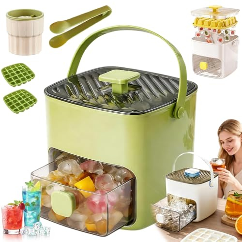 Tragbarer Eiswürfelbereiter, 2026 Neu Eiswürfelschale mit Deckel & Aufbewahrungsbox, Ice Cube Tray with Lid, 48 Eiswürfel, Ice Cube Tray, Wenigen Minuten Fertig, Griffbereit, Kein Verschütten(B)