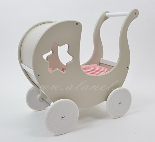 ALANEL Puppenwagen Doll Pram Scoter MIT BETWÄSCHE Carrozzina Della bambola Dolls pram (Wood White)