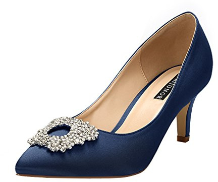 ERIJUNOR Damen Pumps Low Heel Strass Brosche Satin Abendkleid Hochzeit Schuhe, Blau (Marineblau), 38 EU