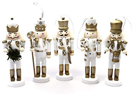 Premier Decorations Set of 5 Nutcracker 11 Centimeter Tree Decorations Boxed Gold White