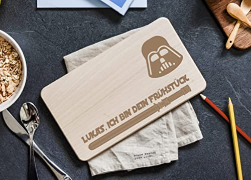 Personalisierte Frühstücksbrettchen Brettchen aus Holz für Kinder | Vesperbrett 30 x 18 cm mit Motiv Vader | Brettchen mit Namen und Spruch | Vesperbretter mit Gravur