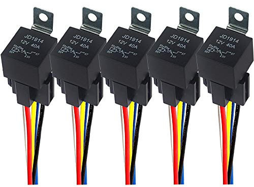 QitinDasen 5 Stück 5 Polig Auto Relais, 12V 40A SPDT KFZ Relais mit Kabelbaum-Steckdose und 14/16 AWG Vorverkabelt, für PKW LKW Boot (Schwarz)