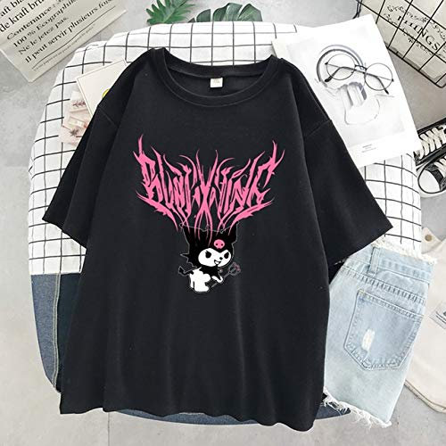 Harajuku Cartoon Carino Divertente Stampa Manica Corta Kuromi Felpa Top Autunno Street Wear O-Neck Dolce Ragazza Felpa Con Cappuccio (Colore: Nero Rosa, Taglia XL)