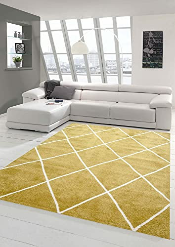 Teppich-Traum Skandinavischer Stil Wohnzimmerteppich Rautenmuster - pflegeleicht - Gold Creme weiß Größe 240 x 340 cm