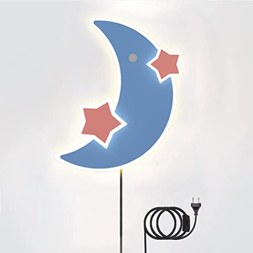 LED Innen Wandlampe Kinderzimmer 15W Stern und Mondform Wandleuchte mit Schalter und Stecker, Dimmbar Kinder Nachtlicht Wand Nachttischlampe mit Kabel für Junge Mädchen Schlafzimmer, Blau