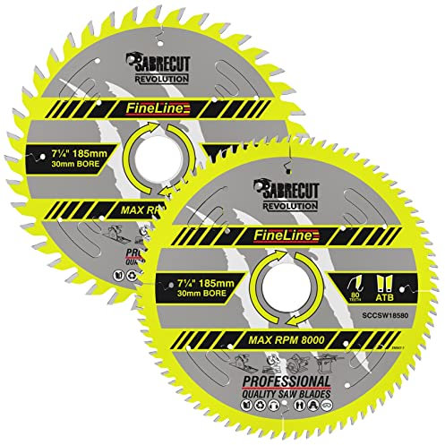 2 x SCCSW185K1 SabreCut 185mm 40T and 80T x 30mm Bore Fineline Thin Kerf Wood Plywood MDF Chipboard Cross Cutting and Rip Cutting Saw Blades