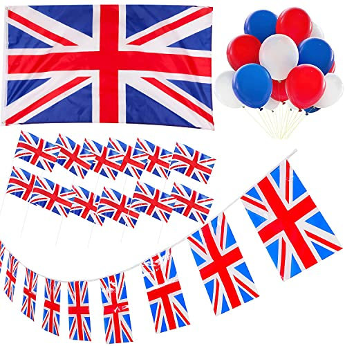 Toyland® Olympics Union Jack-Partypaket – 5 Fuß x 3 Fuß große Flagge, 12 Handflaggen, 4 m Lange Wimpelkette und 30 Luftballons – britische Dekorationen