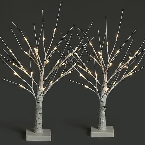 NETTA Set of 2 Twig Birch Tree with Lights Christmas Tree Ornament Pre-Lit with 24 Warm White LEDs - Battery Powered Tabletop Decoration (60cm/2ft) - White