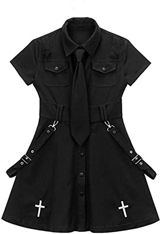 CABULE Goth Black Techwear Cargo Minikleid Damen Japanisches Lolita Y2k Hohe Taille Emo Kleider Harajuku Weibliches Egirl 2023-Schwarz, M