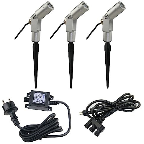VBLED® 3er Komplettset 3X 3W LED Strahler Aluminium Flavius Silber 3000K IP67 12V AC/DC mit Erdspieß | Außenlampe zur Beleuchtung von Garten, Terrasse, Pflanzen, Wegen, Teich