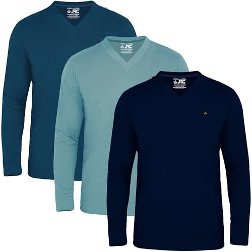 JRC Just Royal Clothing Pack of 3 Mens Long Sleeve V-Neck T-Shirts, Casual Vee Neck Tops (Navy, Stone Blue, Mid Night, M)