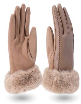 QUEEN HELENA Handschuhe mit Pelz Warme Winterhandschuhe für Damen G22-2 Khaki, Einheitsgröße
