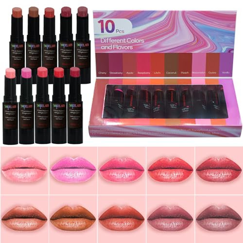 Yopela Lippenbalsam, 10 Stück, Farbe und glänzendes Pulver, Lippenbalsam mit Farbe: spendet Feuchtigkeit, lindert und repariert trockene und rissige Lippen, 1 Stück (10 Stück)
