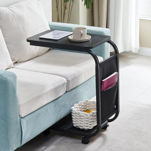 C-Shape Side Table, Under Sofa Table for Living Room, Space Saving End Table with Storage Basket & Wheels, Mobile Laptop Desk Snack Table for Home Office, Rolling Bedside Table for Bedroom, Black