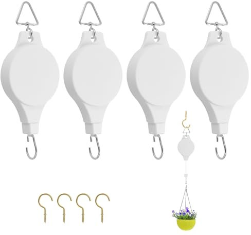 Gueenky 4 Stück Einziehbarer Haken für Pflanzen, Weiß Ampelaufzug Blumenampel Flaschenzug Pflanzenlift Seilzug Blumenkorb Haken für Blumenampel Pflanzen, mit Deckenhaken