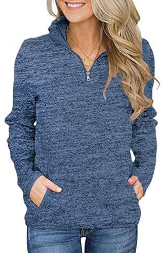 iWoo Sweatshirt Woman Cosy Top Casual Long Sleeve Zip Stand Collar Jumper Ladies Clothing Without Hood Indigo L