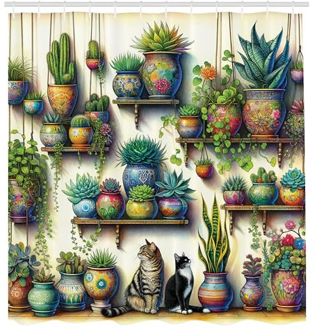 ABAKUHAUS Bunt Duschvorhang, Vintage Botanik Thema Bohemian Szene von Kakteen und Blättern mit Katzen, Stoffliches Gewebe Badezimmerdekorationsset mit Haken, 175 x 200 cm, Beige Farngrün Türkis