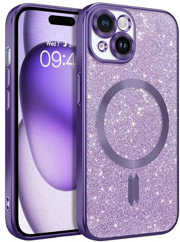 GaoBao for iPhone 15 Case Magnetic, Slim iPhone 15 Phone Case [Compatible with MagSafe] Fashion Sparkle Luxury Shockproof Anti-Slip Women Girl Bling Phone Cover for iPhone 15 6.1 2023, Glitter Purple
