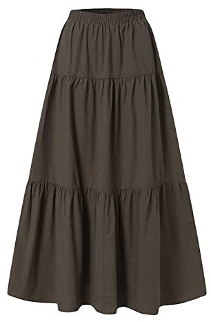 Skang Maxi Rock Für Damen Sommer Damen-Frühling/Sommer, lässig, hohe Taille, Baumwolle und Leinen, einfarbig, plissiert, lockerer Swing, halblanger Rock Rock A Linie Knielang