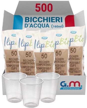 G.M. DISTRIBUZIONE 500 Bicchieri Acqua in Plastica Biocompostabile Trasparenti da 160 Ml, Biodegradabili Usa e Getta, Ideali per Casa, Attivita Commerciali