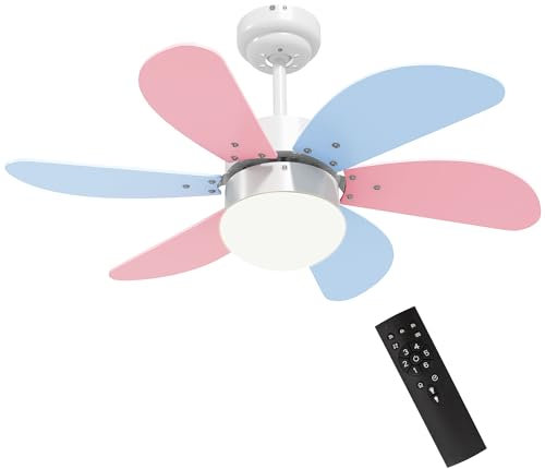 HOMCOM Ventilador de Techo con Luz 34W Ø82,5 cm Motor DC Ventilador de Techo Silencioso con 6 Aspas Reversibles Mando a Distancia 6 Velocidades y Temporizador para Dormitorio Salón Rosa y Azul