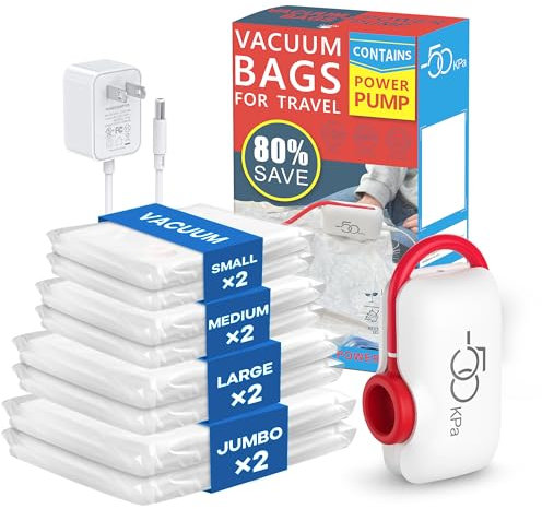 sac sous vide vetement aspirateur avec Pompe Électrique, Aspiration de 50 kPa, Lot de 8 (2 Jumbo, 2 Grands, 2 Moyens, 2 Petits)sac de rangement sous vide, Convient Gain de Place, Voyage, Déménagement