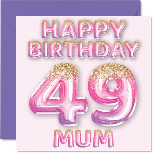 49th Birthday Card for Mum, Pink & Purple Glitter Balloons | Happy Birthday Cards for 49 Year Old Mum Mother from Son Daughter, 145mm Bday Greeting Cards Gift