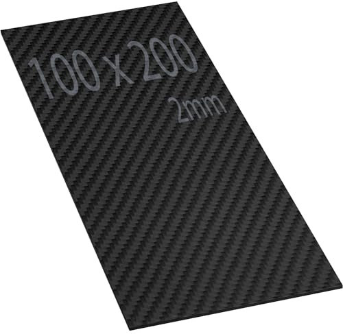 Placa de Fibra de Carbono de 100 x 200 mm. 2mm de espesor. Lámina de Fibra de Carbono 3K Mate. Resistente y gran dureza, para corte con CNC. Plancha de Fibra de Carbon de 100mm x 200mm